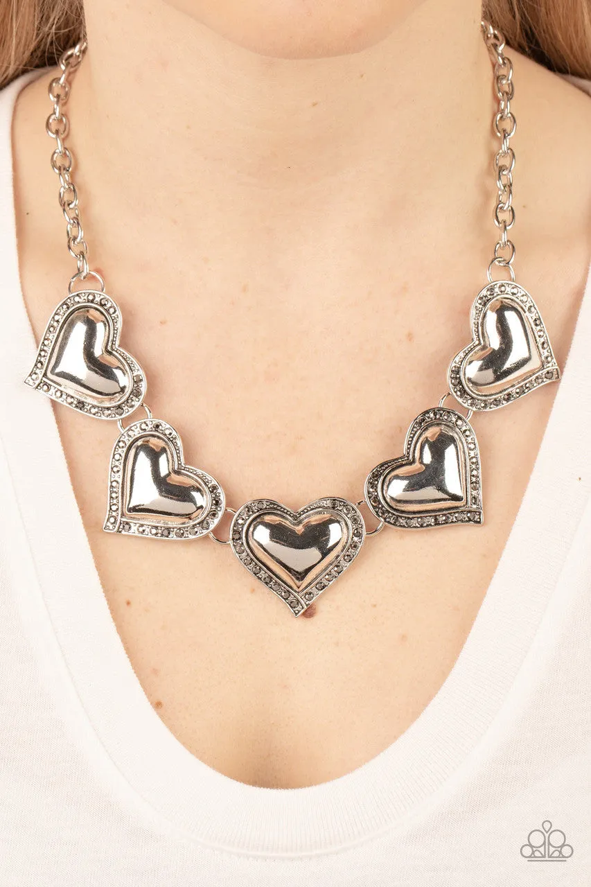 Kindred Hearts - Silver - Hematite Rhinestone Encrusted Paparazzi Short Necklace