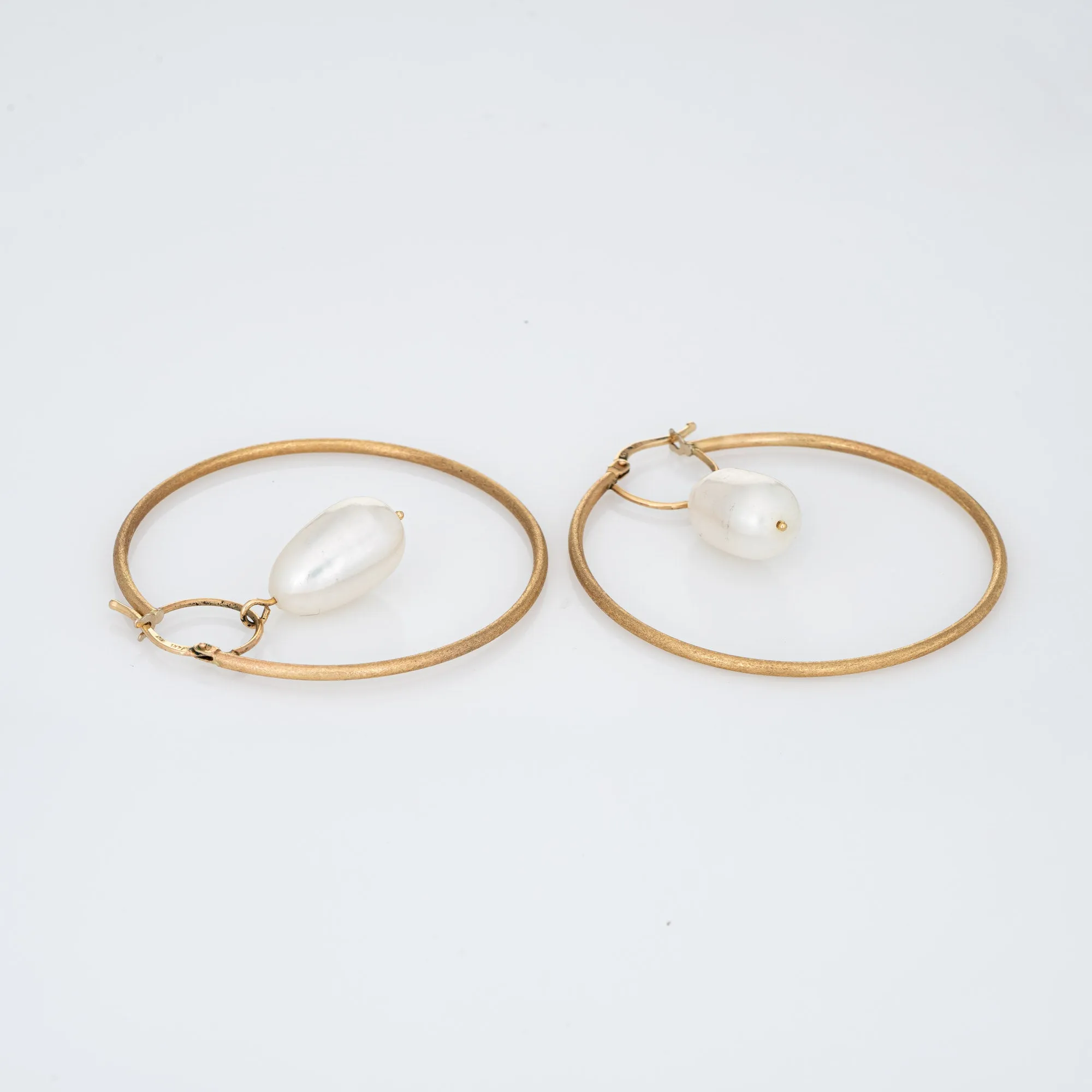 Large Freshwater Pearl Earrings Estate 14k Yellow Gold Satin Finish Italy