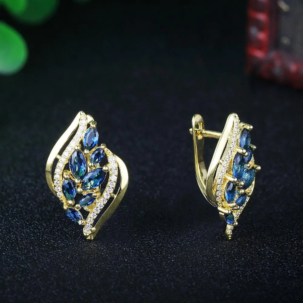 Leaves Shape Blue Stone Gold Color Hoop Earring Fashion Party Jewelry Earrings For Women Gift For Her
