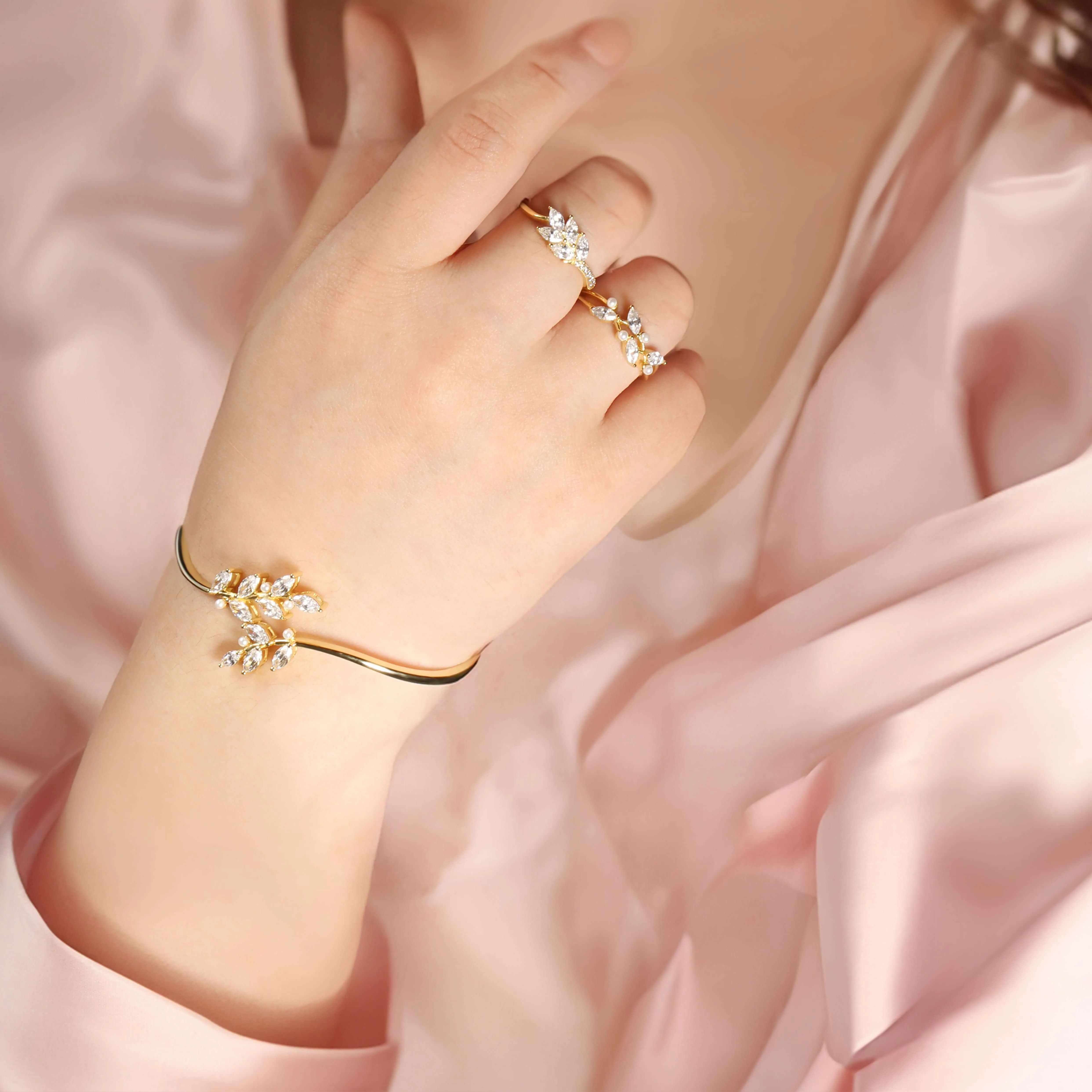 Leaves Vine Pearl Engagement Ring Bracelet Necklace Pair of Earrings Set by Shania