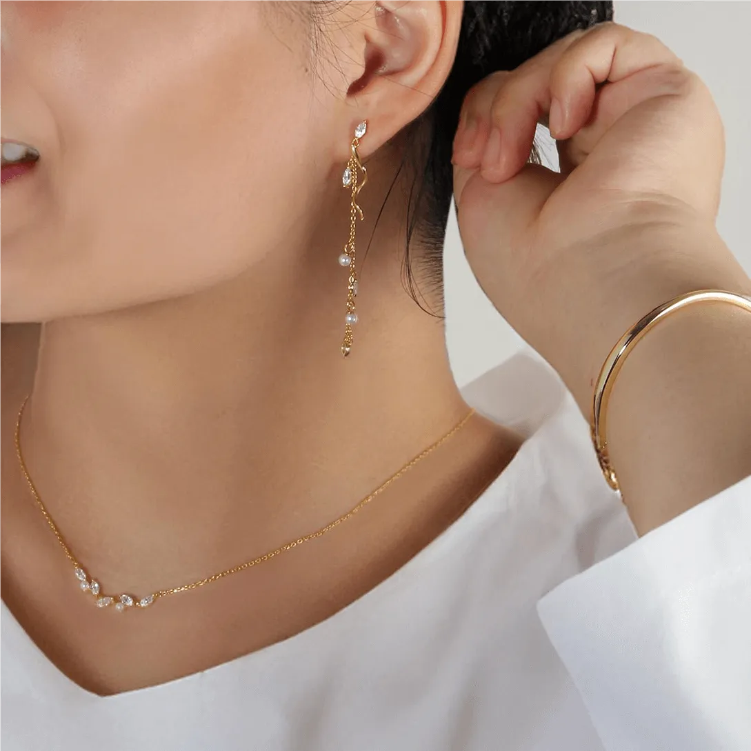 Leaves Vine Pearl Engagement Ring Bracelet Necklace Pair of Earrings Set by Shania