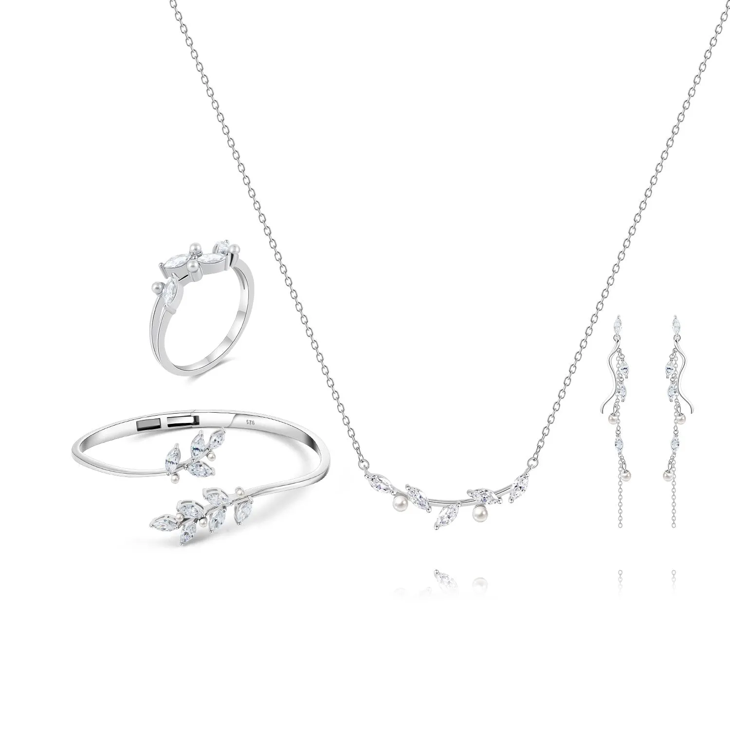 Leaves Vine Pearl Engagement Ring Bracelet Necklace Pair of Earrings Set by Shania