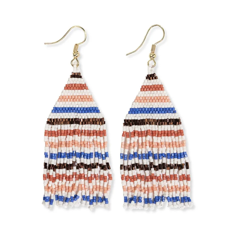 Lexie Horizontal Lines Beaded Fringe Earrings Rust   Lapis