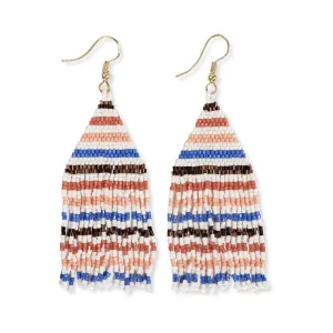 Lexie Horizontal Lines Beaded Fringe Earrings Rust   Lapis