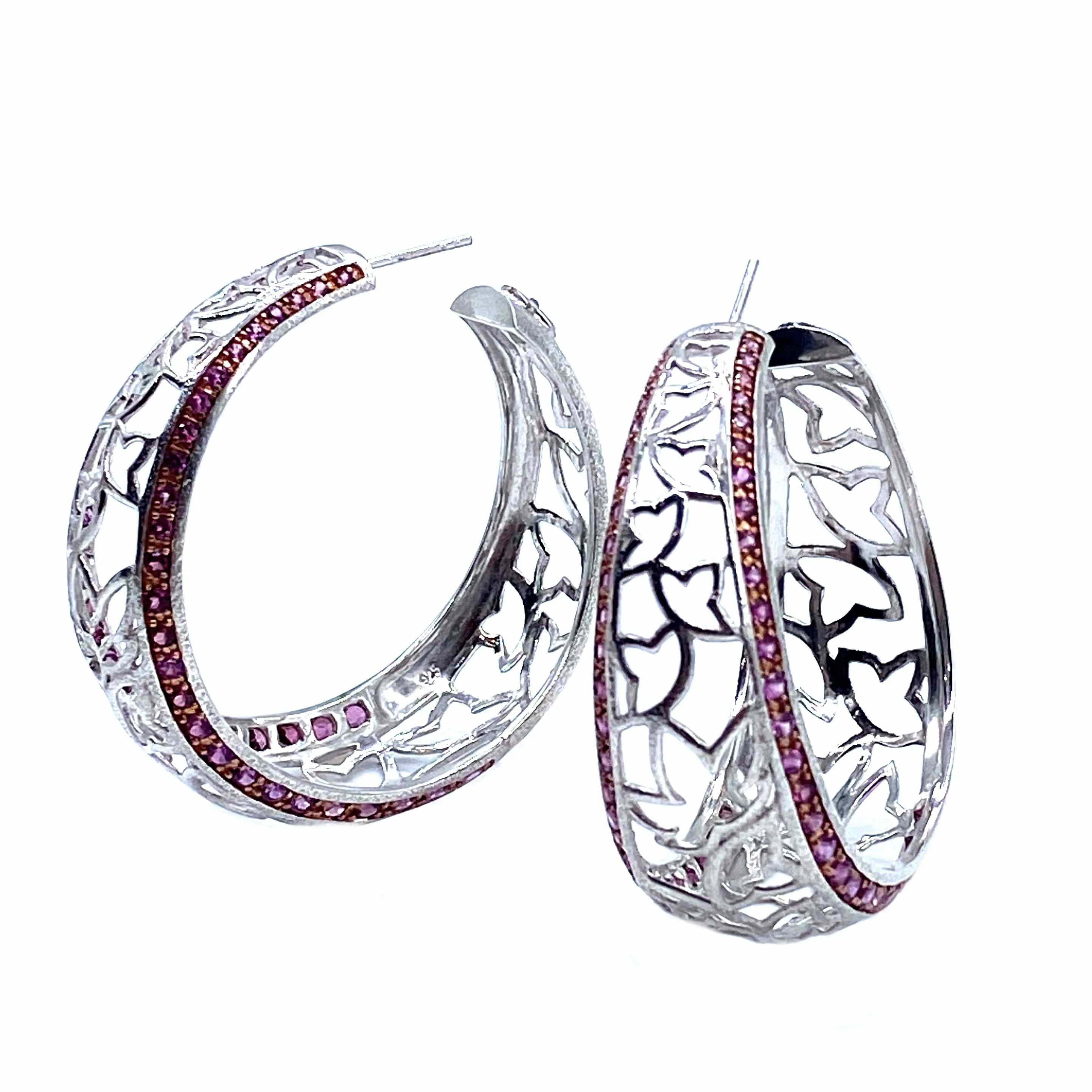 Lotus Sterling Silver Hoop Rhodolite Earrings