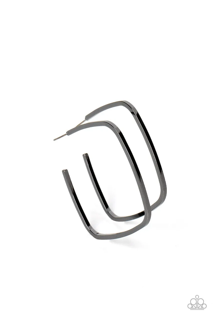 Major Flex - Black - Gunmetal Square Paparazzi Hoop Earrings