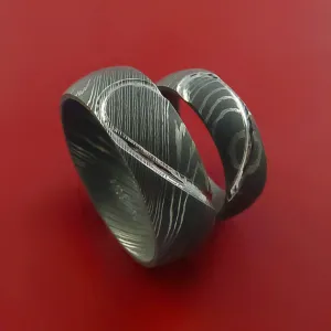 Matching Damascus Steel Heart Carved Ring Set Wedding Bands Genuine Craftsmanship