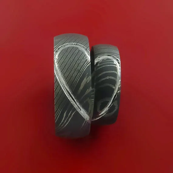 Matching Damascus Steel Heart Carved Ring Set Wedding Bands Genuine Craftsmanship