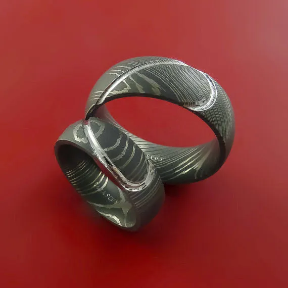Matching Damascus Steel Heart Carved Ring Set Wedding Bands Genuine Craftsmanship