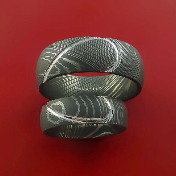 Matching Damascus Steel Heart Carved Ring Set Wedding Bands Genuine Craftsmanship