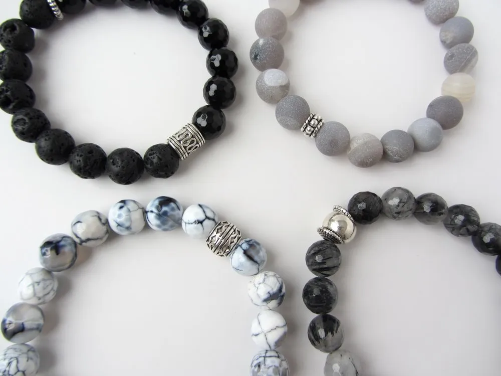 Matte Gray Fire Agate Mens Bracelet