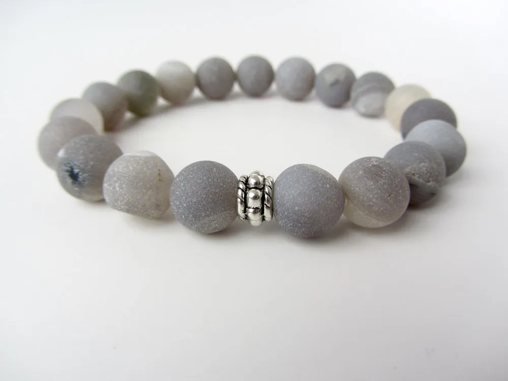 Matte Gray Fire Agate Mens Bracelet