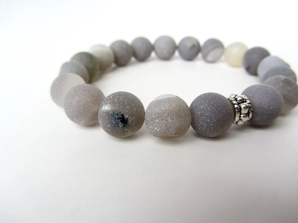 Matte Gray Fire Agate Mens Bracelet