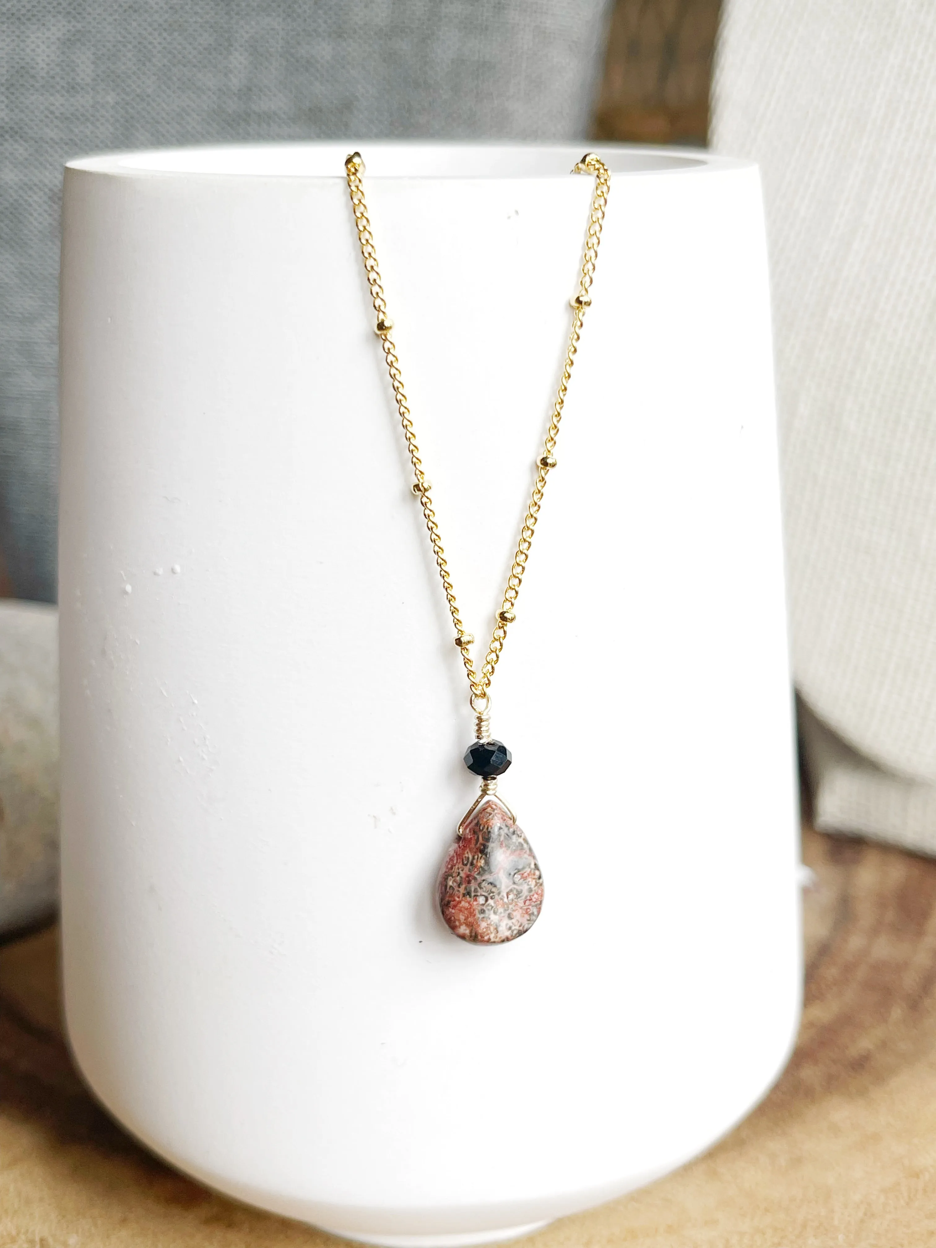Maybe Leopard Skin Jasper and Black Glass Necklace