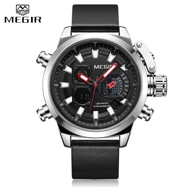 MEGIR New Watch Men Luxury Brand Analog Digital Sports Mens Watches Leather Army Military Waterproof Wristwatch 2019 Male Clock