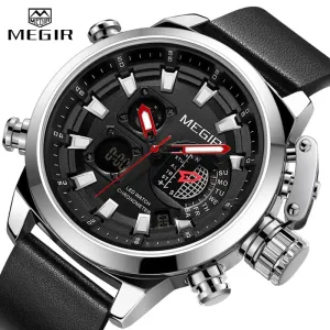MEGIR New Watch Men Luxury Brand Analog Digital Sports Mens Watches Leather Army Military Waterproof Wristwatch 2019 Male Clock