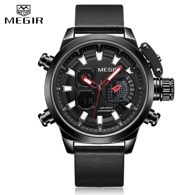 MEGIR New Watch Men Luxury Brand Analog Digital Sports Mens Watches Leather Army Military Waterproof Wristwatch 2019 Male Clock