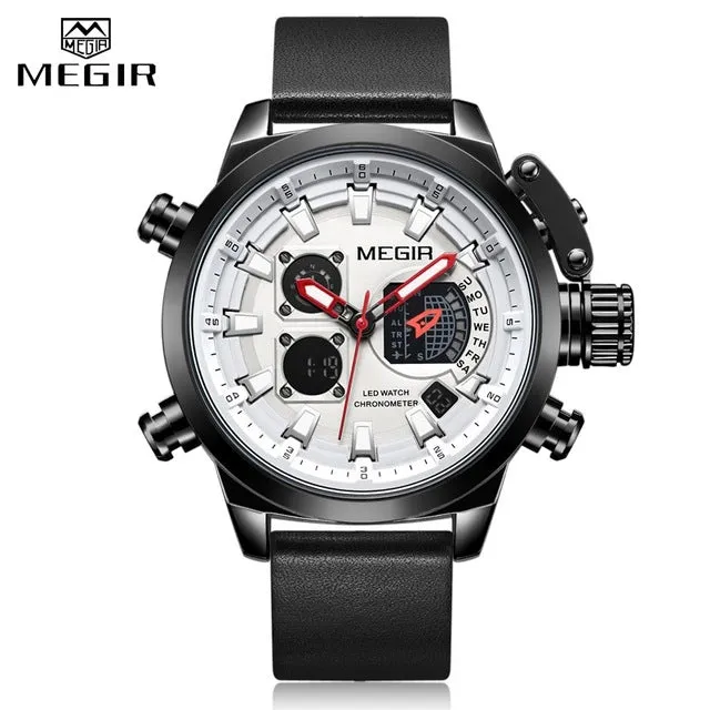 MEGIR New Watch Men Luxury Brand Analog Digital Sports Mens Watches Leather Army Military Waterproof Wristwatch 2019 Male Clock