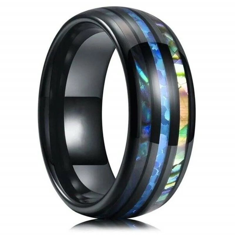 Men New Elegant Black Stainless Steal 8MM Inlaid Shells BlueRings Men's Wedding Jewelry Gift