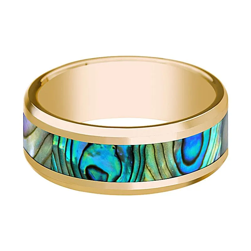 Men's 14k Yellow Gold Wedding Band with Mother of Pearl Inlay and Bevels - 8MM