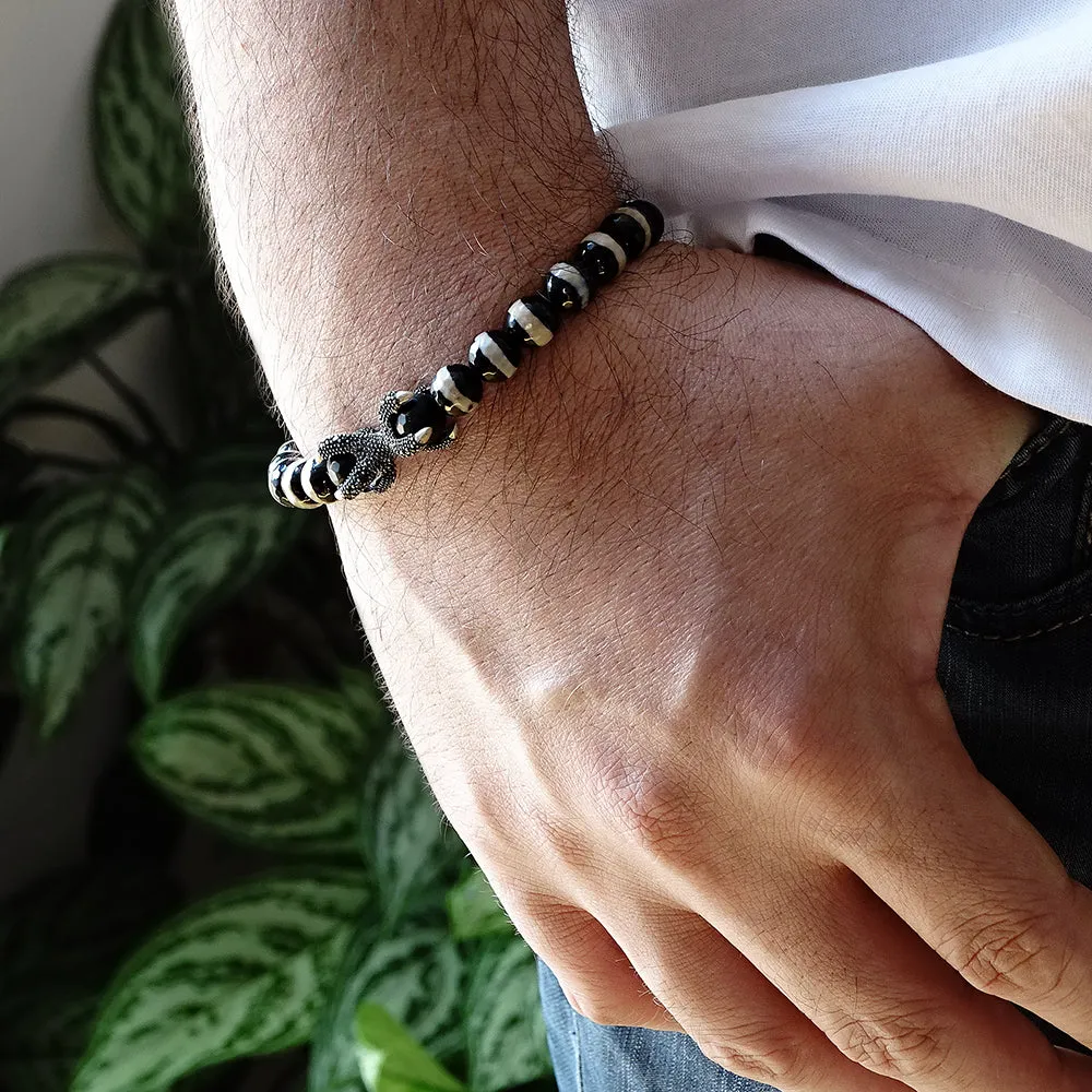 Men's Black Bracelet Gift for BF 8mm Natural Onyx Beads with Solid Silver Dragon Claw