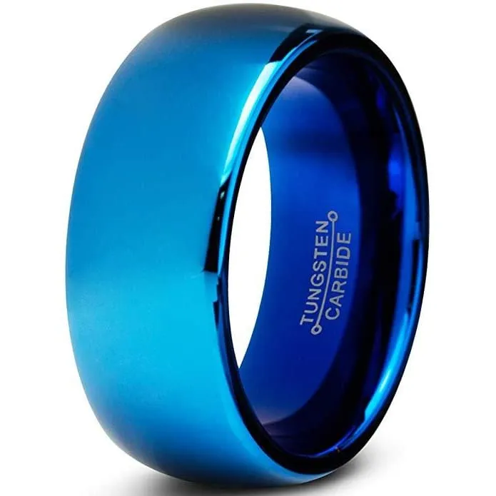 Men's Blue Tungsten Wedding Ring Dome Polished Comfort Fit - 8mm