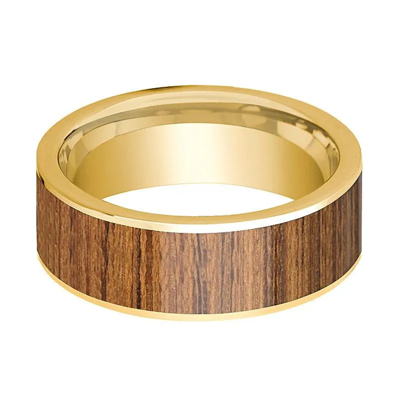 Men's Polished 14k Yellow Gold Flat Wedding Band with Teak Wood Inlay - 8MM