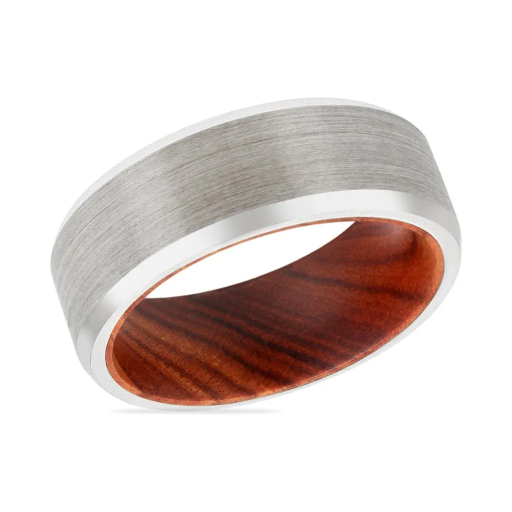 MEXELL | Iron Wood, Silver Tungsten Ring, Brushed, Beveled