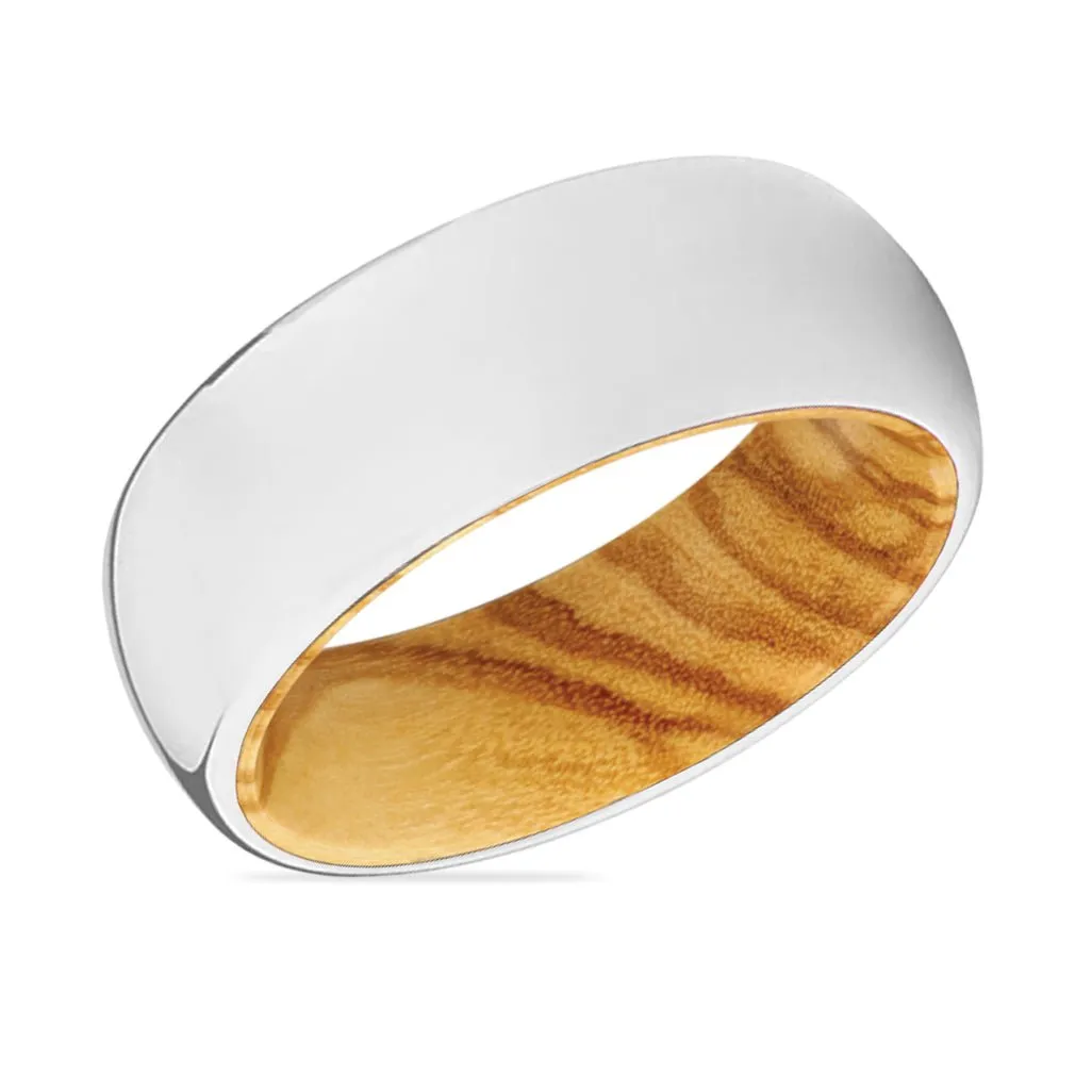 MIGHTY | Olive Wood, Silver Tungsten Ring, Shiny, Domed