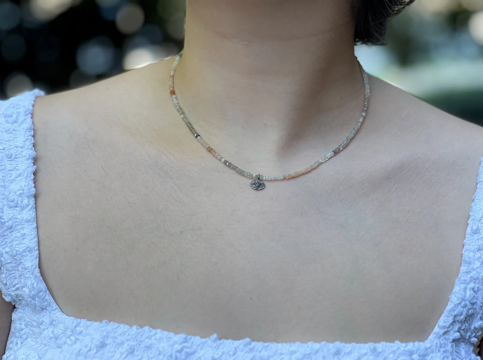Moonstone Necklace with Pave Diamond Evil Eye Charm