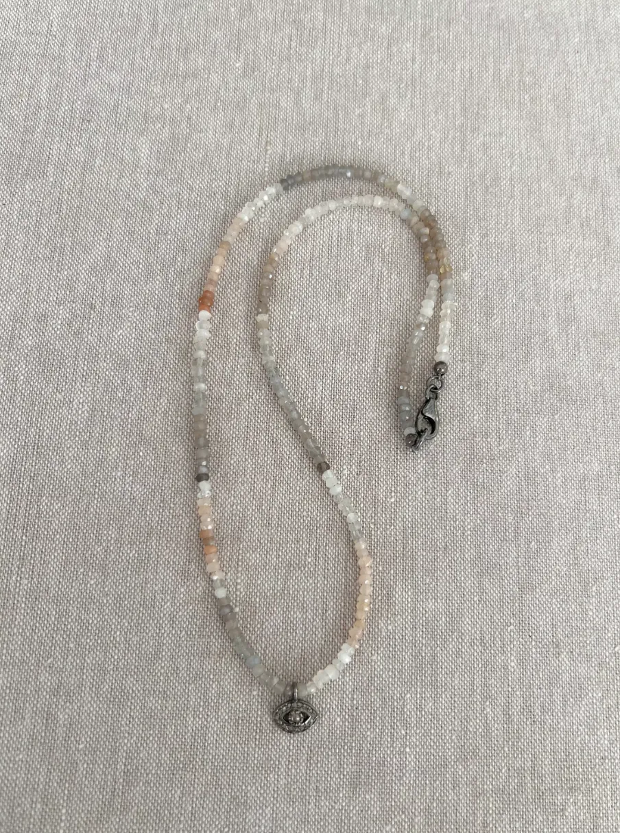 Moonstone Necklace with Pave Diamond Evil Eye Charm
