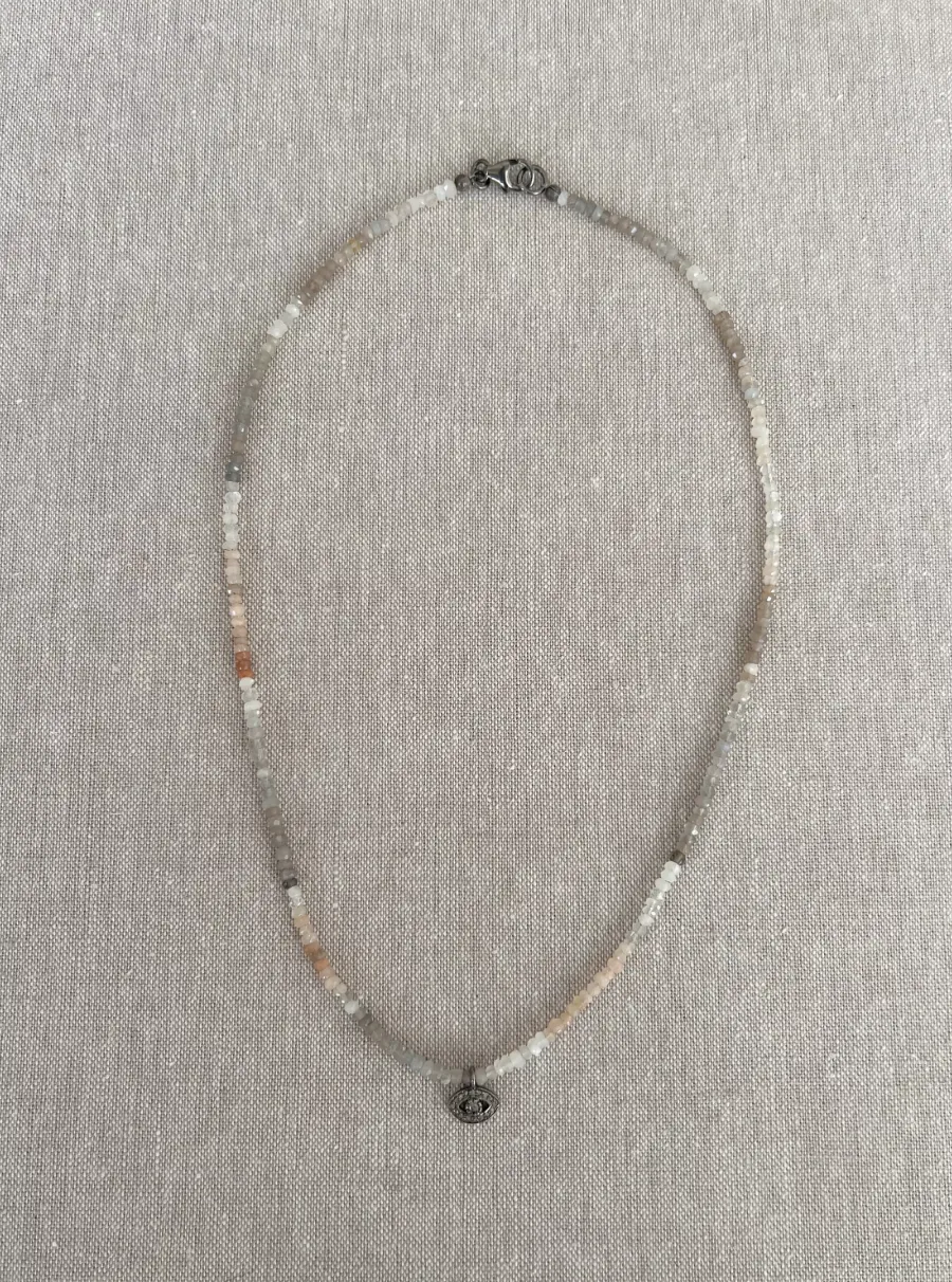 Moonstone Necklace with Pave Diamond Evil Eye Charm