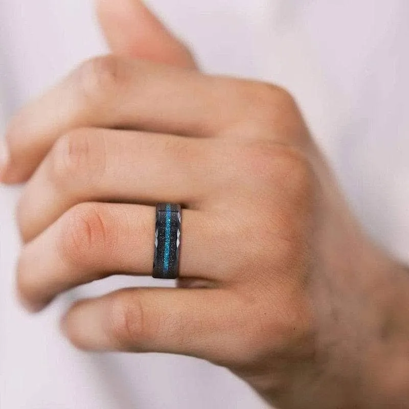 Multi-Faceted Tungsten Wedding Band with Sand and Opal Inlay