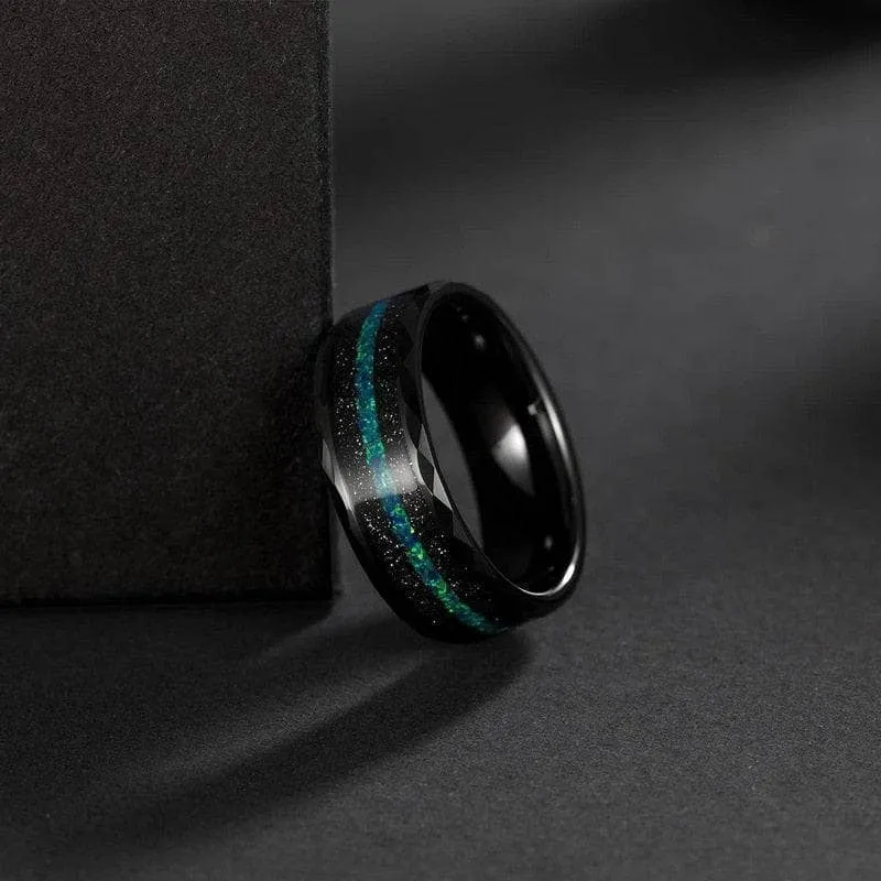 Multi-Faceted Tungsten Wedding Band with Sand and Opal Inlay