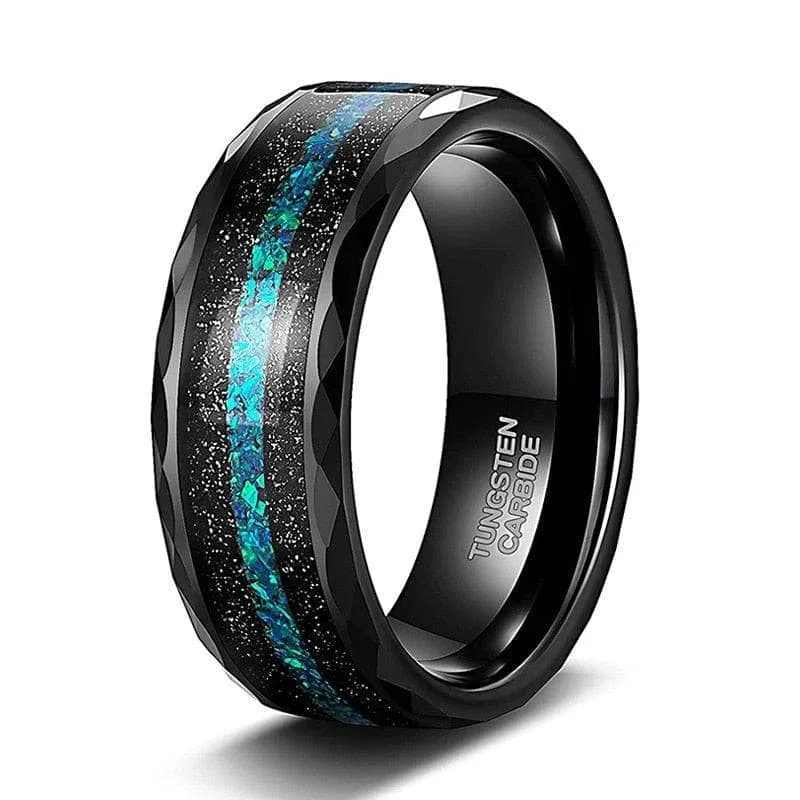 Multi-Faceted Tungsten Wedding Band with Sand and Opal Inlay