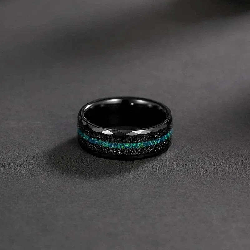 Multi-Faceted Tungsten Wedding Band with Sand and Opal Inlay
