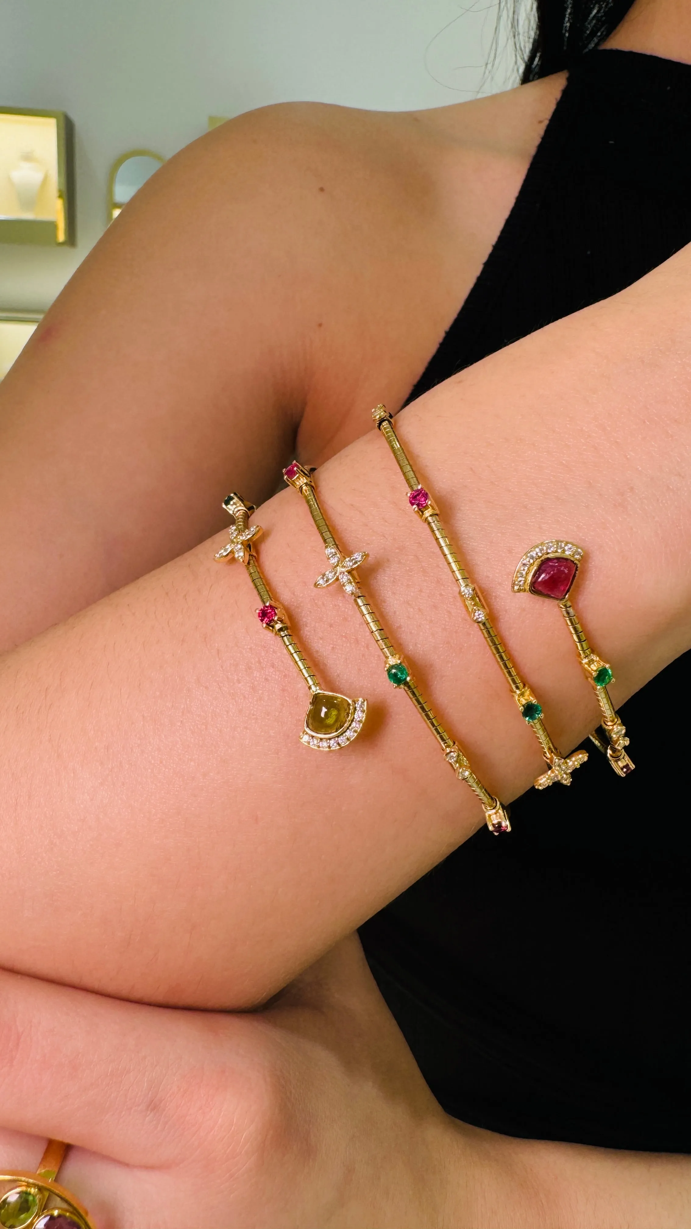 Multicolor Gemstone & Diamond 3 Row Symphony Bracelet In 18K Yellow Gold