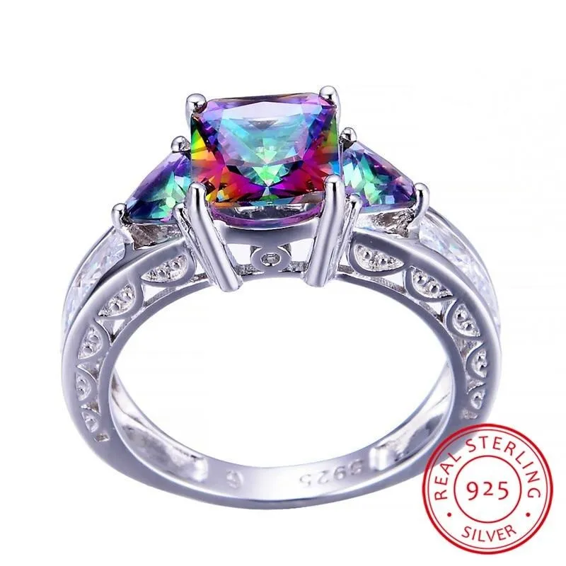 Natural Mystic Fire Topaz Solid Ring 925 Sterling Silver Women Square Rainbow Jewelry
