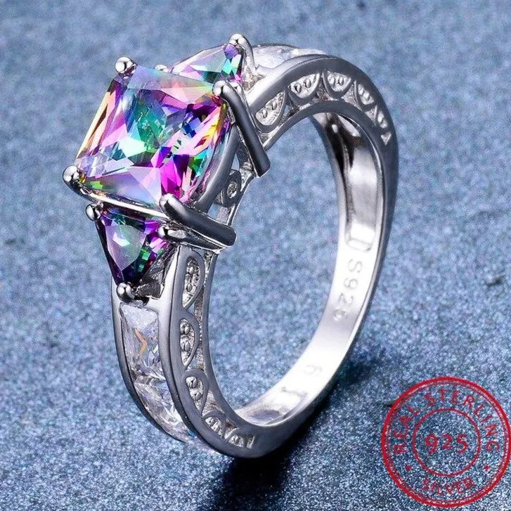 Natural Mystic Fire Topaz Solid Ring 925 Sterling Silver Women Square Rainbow Jewelry