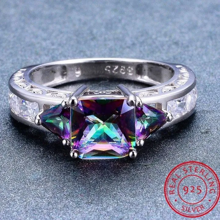 Natural Mystic Fire Topaz Solid Ring 925 Sterling Silver Women Square Rainbow Jewelry
