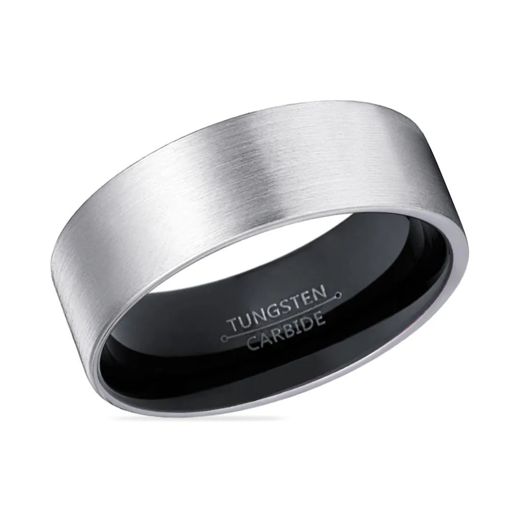 NERO | Black Ring, Silver Tungsten Ring, Brushed, Flat