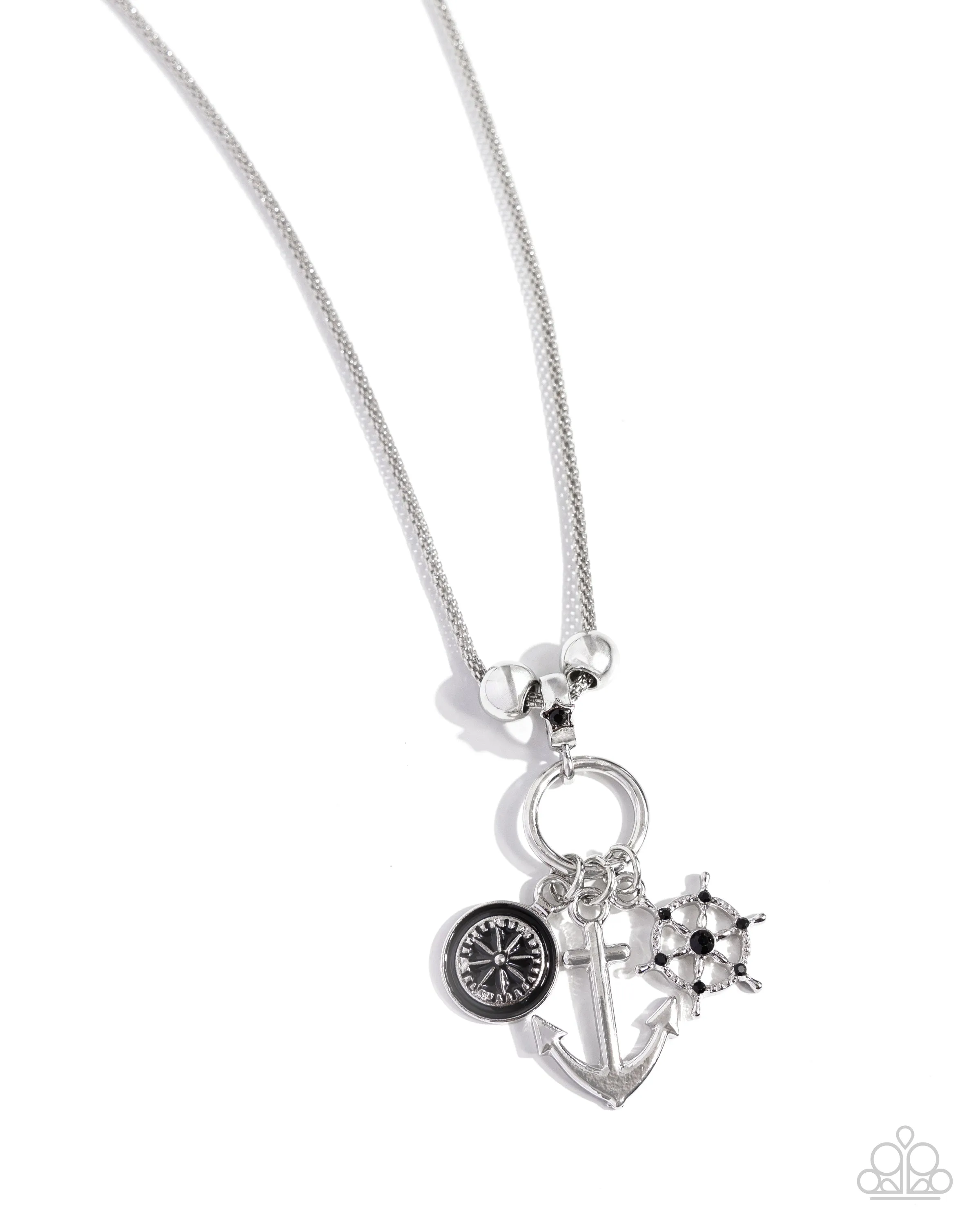 Nuanced Nautical - Black - Painted Compass Silver Anchor Paparazzi Long Necklace