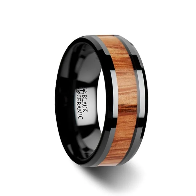 OBLIVION | Black Ceramic Ring, Red Oak Wood Inlay, Beveled