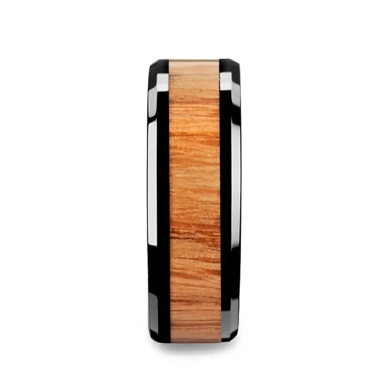OBLIVION | Black Ceramic Ring, Red Oak Wood Inlay, Beveled