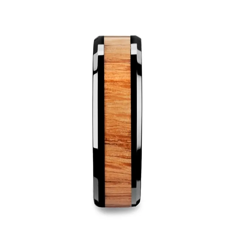 OBLIVION | Black Ceramic Ring, Red Oak Wood Inlay, Beveled