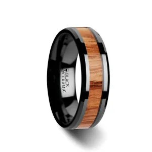OBLIVION | Black Ceramic Ring, Red Oak Wood Inlay, Beveled
