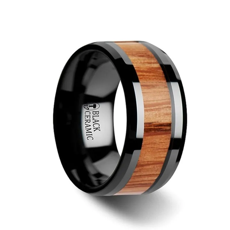 OBLIVION | Black Ceramic Ring, Red Oak Wood Inlay, Beveled