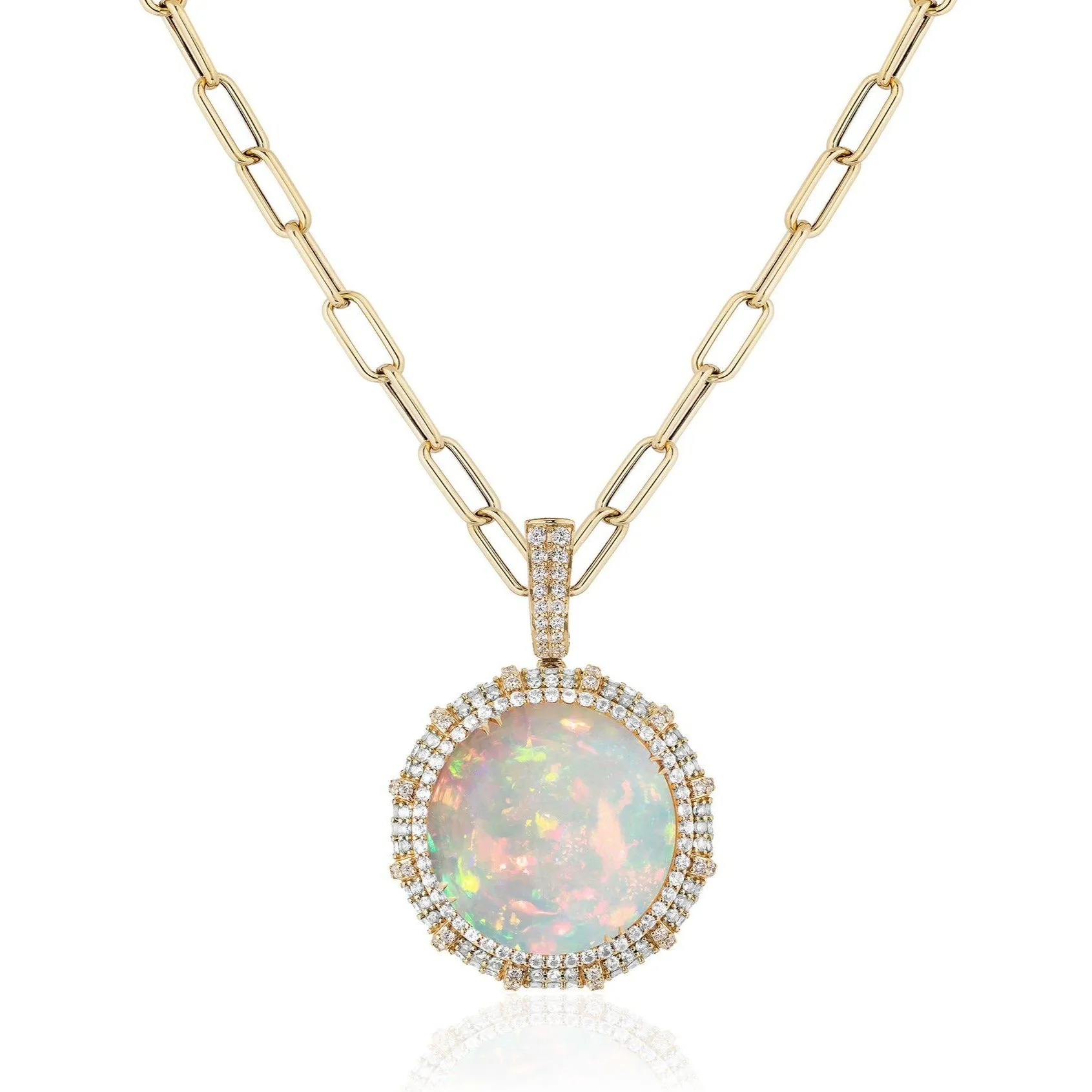 One of a Kind Opal & Diamond Round Pendant on Paperclip Chain Necklace
