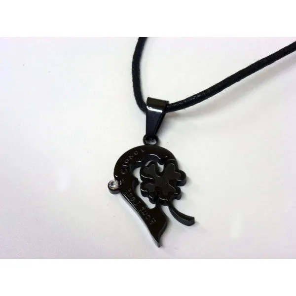 Pair of necklaces with heart and clover - Black and Silver