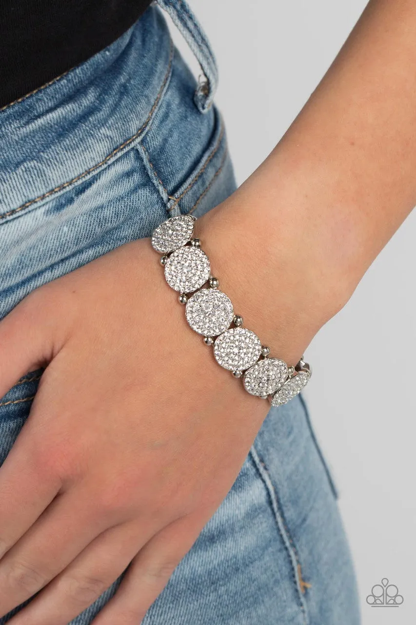 Palace Intrigue - White - Round Rhinestone Encrusted Paparazzi Stretchy Bracelet